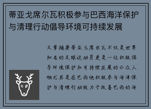 蒂亚戈席尔瓦积极参与巴西海洋保护与清理行动倡导环境可持续发展