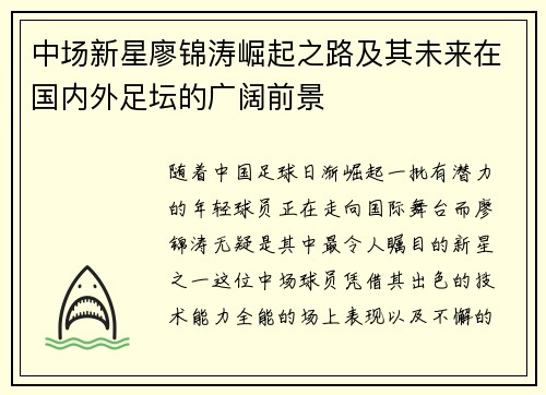 中场新星廖锦涛崛起之路及其未来在国内外足坛的广阔前景
