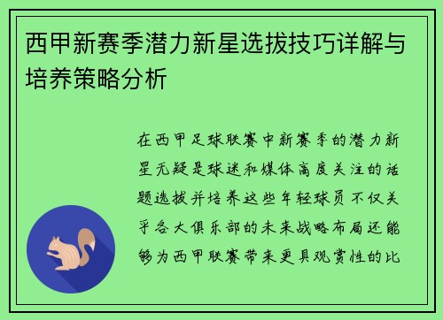 西甲新赛季潜力新星选拔技巧详解与培养策略分析